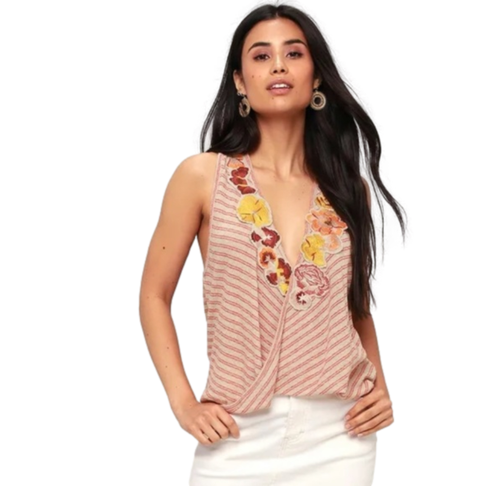 Free People Striped Surplice Tank Floral Appliqués